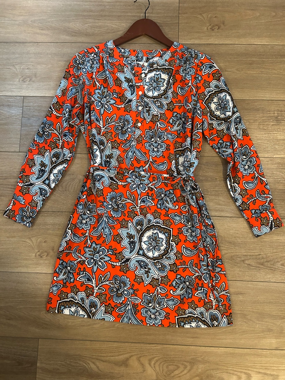 LOFT Petite Paisley Dress Womens SP OrangeRed Blue Long Sleeve Stretch Waist Tie